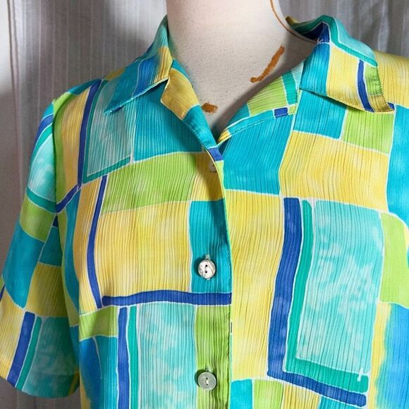 Alia | Women’s | Blouse | Size 12 | Yellow Aqua Watercolor Textured Button Down - Picture 2 of 5